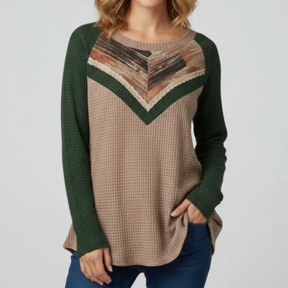 Ces Femme Women's Knit Green/Tan Color Block Long Sleeve Pullover Sweater Small
